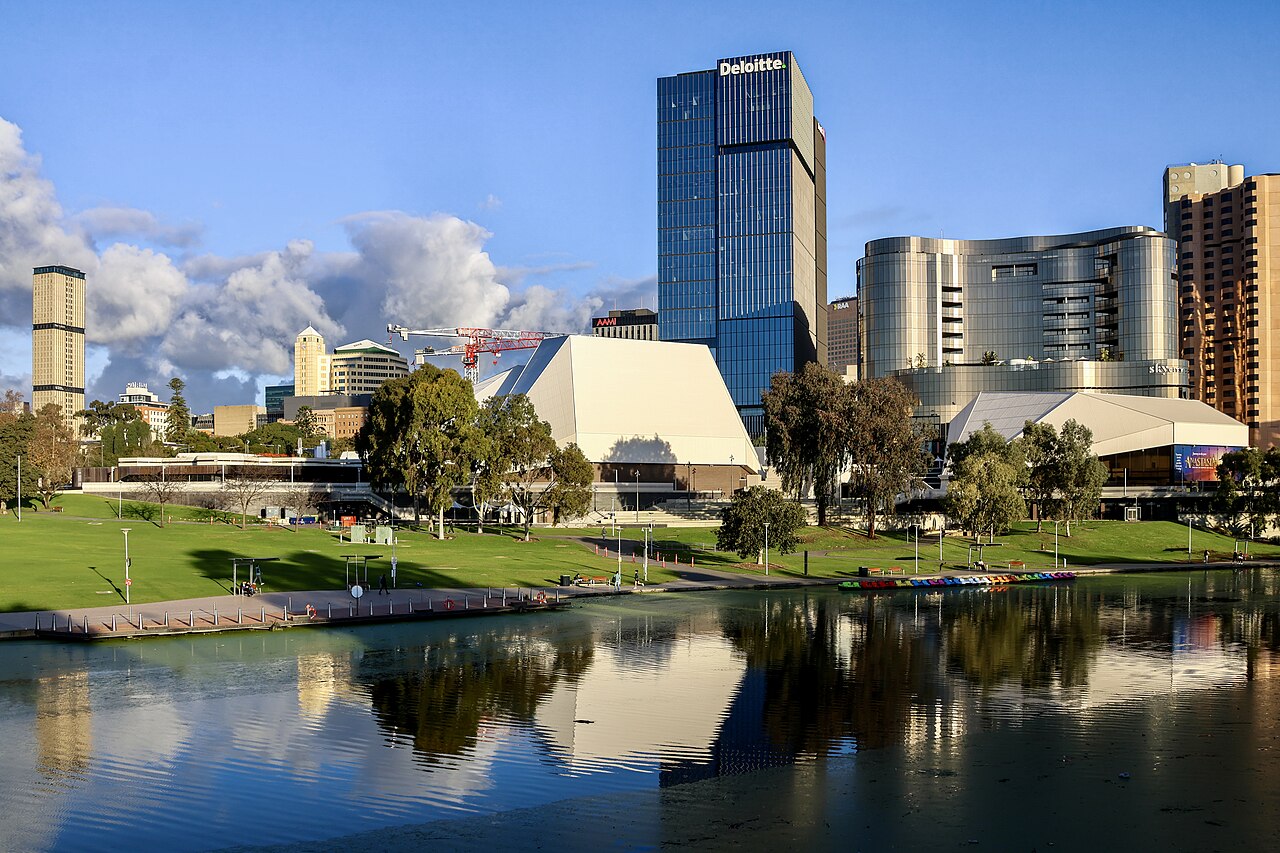 Adelaide’s skyline and Festival Centre reflected in the River Torrens, South Australia.